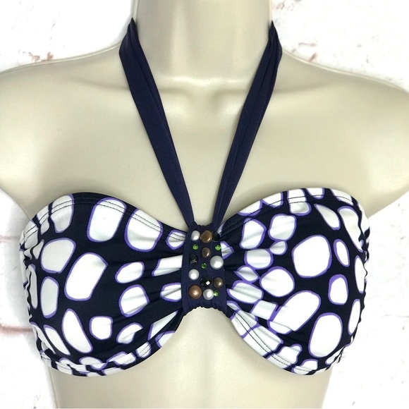 ST. JOHN Other - ST. JOHN Pebble Size 6 Bandeau & Halter Tie Embellished Swim Top Navy & White